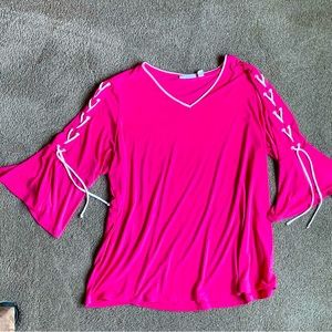 Susan Graver V-neck, lace-up bell sleeve tunic; bright pink w/ white trim
